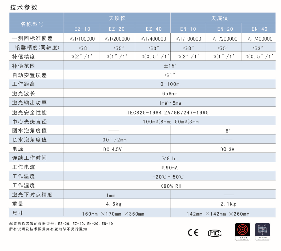 EZ-10、EZ-20、EZ-40激光自動(dòng)安平天頂儀/上垂準(zhǔn)儀技術(shù)參數(shù)